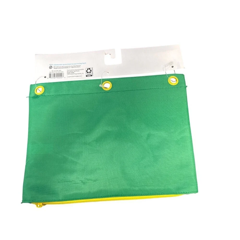 Up & Up Green Binder Pencil Pouch With Yellow Zippers & Mesh Pockets 3-Ring Hole